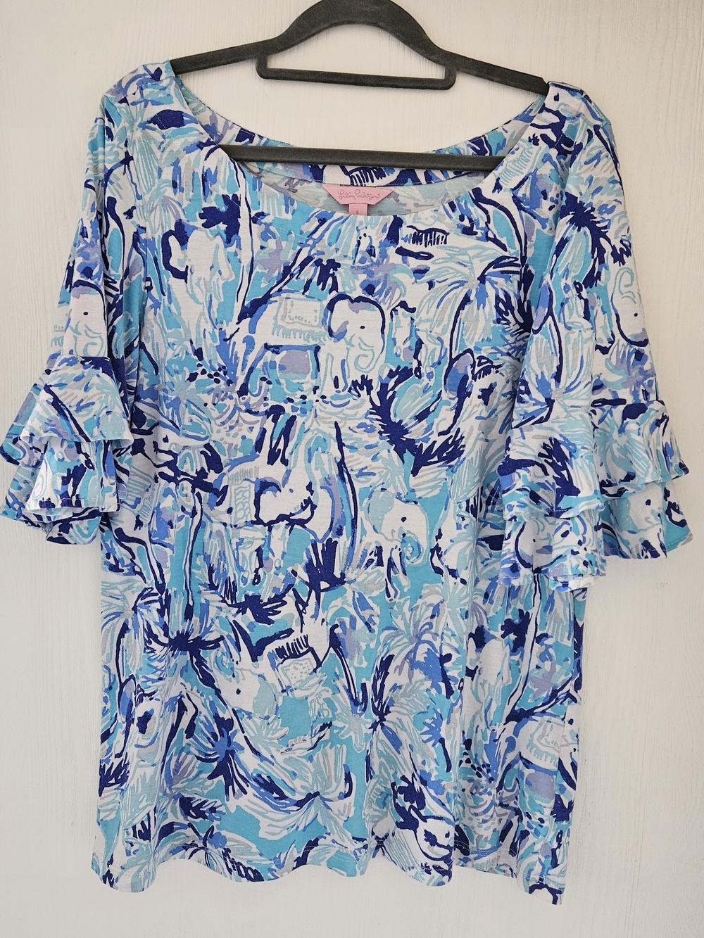 Lilly Pulitzer Lula Elephant Light Blue Patterned Ruffle Sleeve Top - Women's